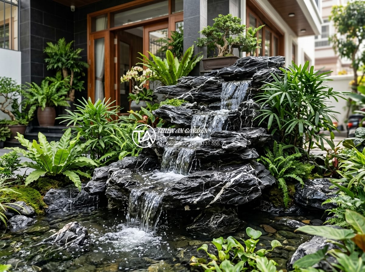 Tại sao tiểu cảnh trước nhà mini đang trở thành xu hướng tại các đô thị? - Hình 8 Tại sao tiểu cảnh trước nhà mini đang trở thành xu hướng tại các đô thị? - Artistic professional photo of a complete natural stone waterfall feature in a c