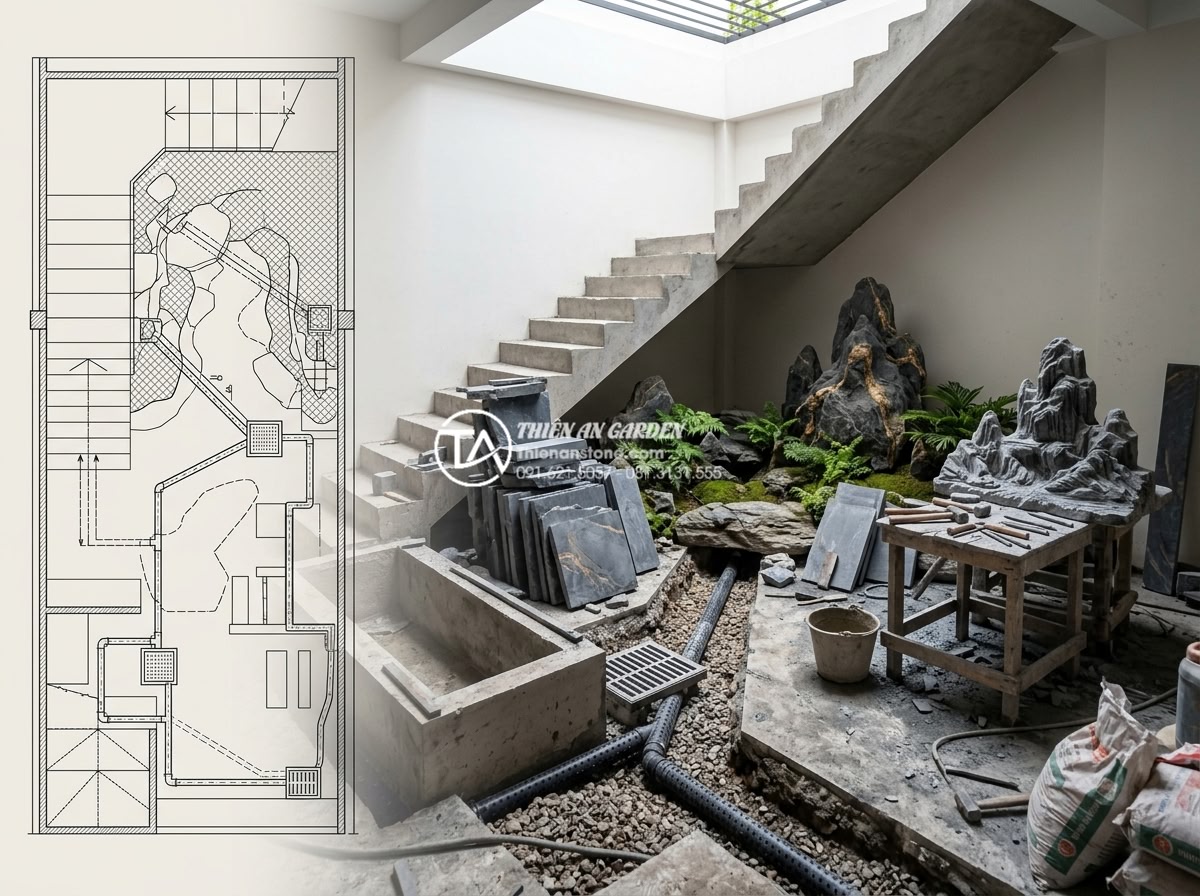 Thiết kế tiểu cảnh giếng trời cầu thang: Biến góc chết thành điểm nhấn - Hình 10 Thiết kế tiểu cảnh giếng trời cầu thang: Biến góc chết thành điểm nhấn - Detailed technical blueprint and on-site construction view of a complex under-st