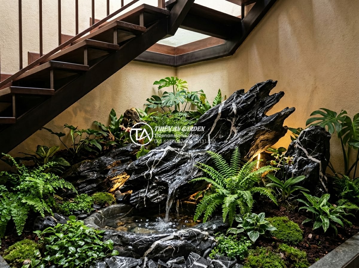 Thiết kế tiểu cảnh giếng trời cầu thang: Biến góc chết thành điểm nhấn - Hình 13 Thiết kế tiểu cảnh giếng trời cầu thang: Biến góc chết thành điểm nhấn - Beautiful integration of lush green plants, flowing water feature over carved st