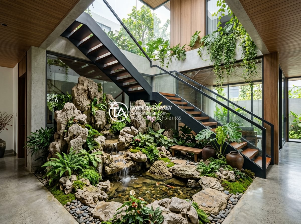 Thiết kế tiểu cảnh giếng trời cầu thang: Biến góc chết thành điểm nhấn - Hình 15 Thiết kế tiểu cảnh giếng trời cầu thang: Biến góc chết thành điểm nhấn - Real-life example of a completed luxurious sky well staircase rock garden in a m