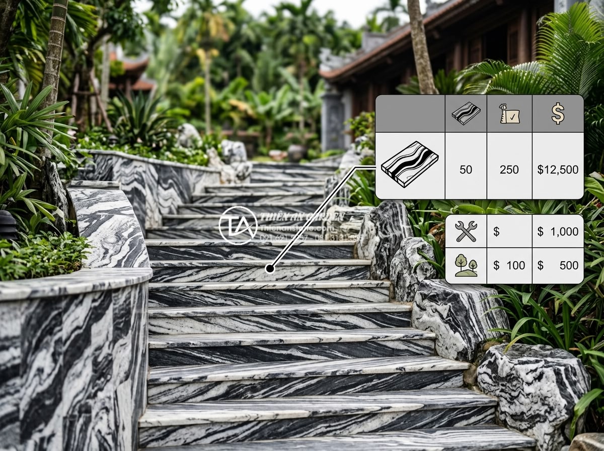 Thiết kế tiểu cảnh giếng trời cầu thang: Biến góc chết thành điểm nhấn - Hình 18 Thiết kế tiểu cảnh giếng trời cầu thang: Biến góc chết thành điểm nhấn - Professional cost estimation document overlay on a beautiful finished stone gard