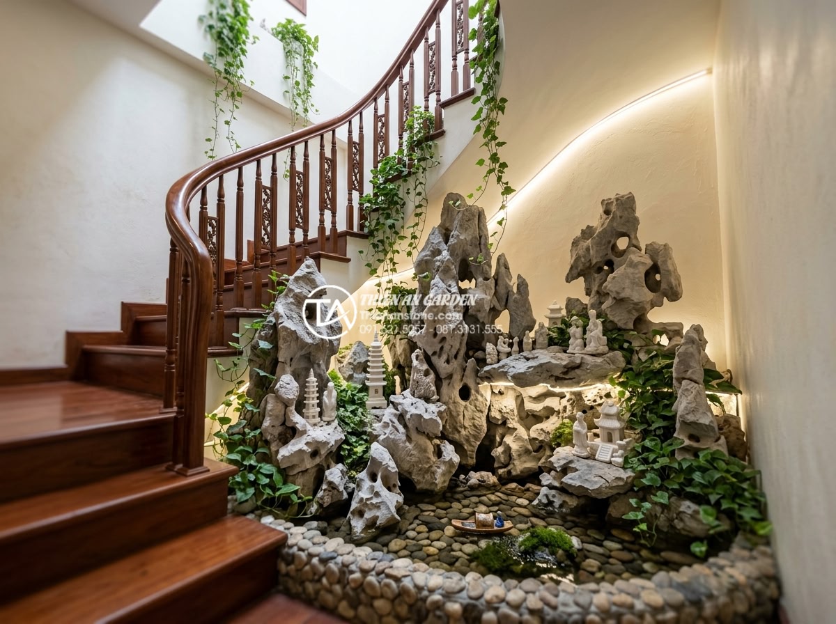 Thiết kế tiểu cảnh giếng trời cầu thang: Biến góc chết thành điểm nhấn - Hình 2 Thiết kế tiểu cảnh giếng trời cầu thang: Biến góc chết thành điểm nhấn - Wide angle perspective of an elegant staircase sky well miniature garden with ha