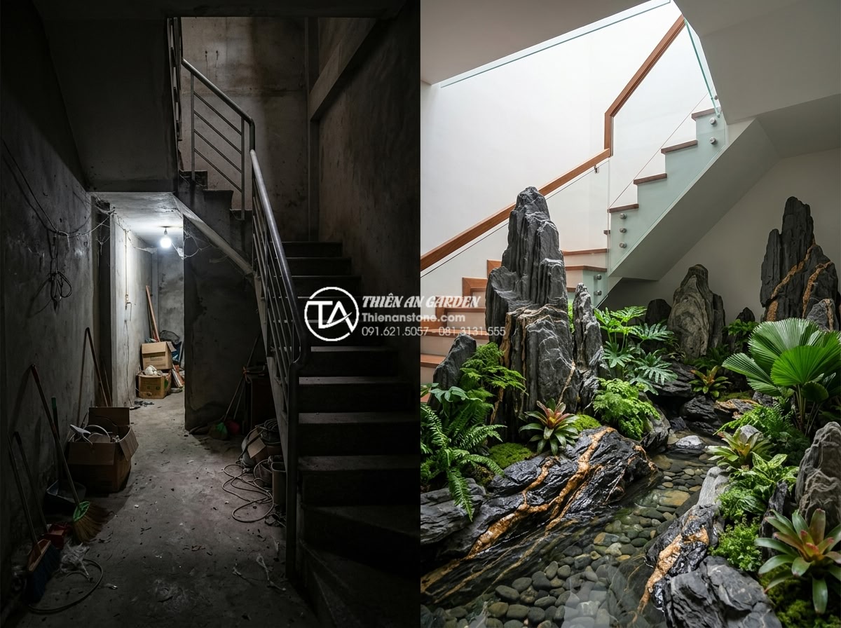 Thiết kế tiểu cảnh giếng trời cầu thang: Biến góc chết thành điểm nhấn - Hình 3 Thiết kế tiểu cảnh giếng trời cầu thang: Biến góc chết thành điểm nhấn - Luxurious before-and-after comparison of a dark under-staircase area transformed