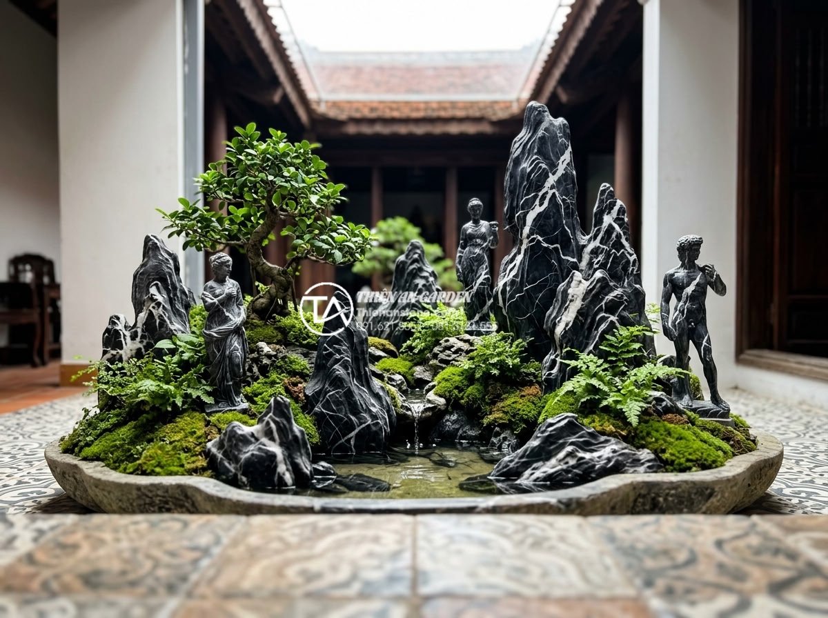 Thiết kế tiểu cảnh giếng trời cầu thang: Biến góc chết thành điểm nhấn - Hình 6 Thiết kế tiểu cảnh giếng trời cầu thang: Biến góc chết thành điểm nhấn - Artistic fusion style miniature landscape in a sky well area featuring European