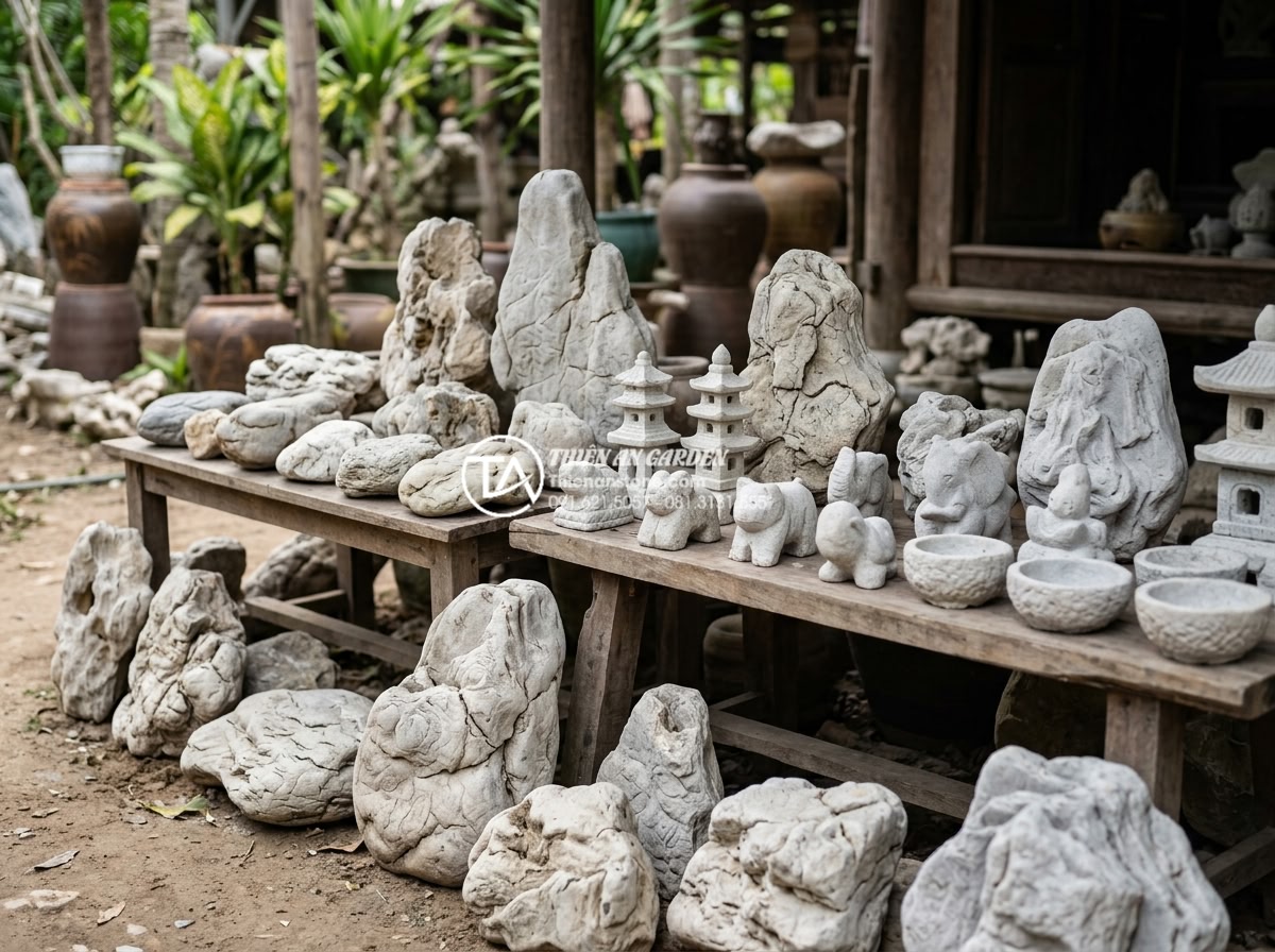 Thiết kế tiểu cảnh giếng trời cầu thang: Biến góc chết thành điểm nhấn - Hình 8 Thiết kế tiểu cảnh giếng trời cầu thang: Biến góc chết thành điểm nhấn - Diverse collection of natural stones and carved art pieces displayed in an outdo