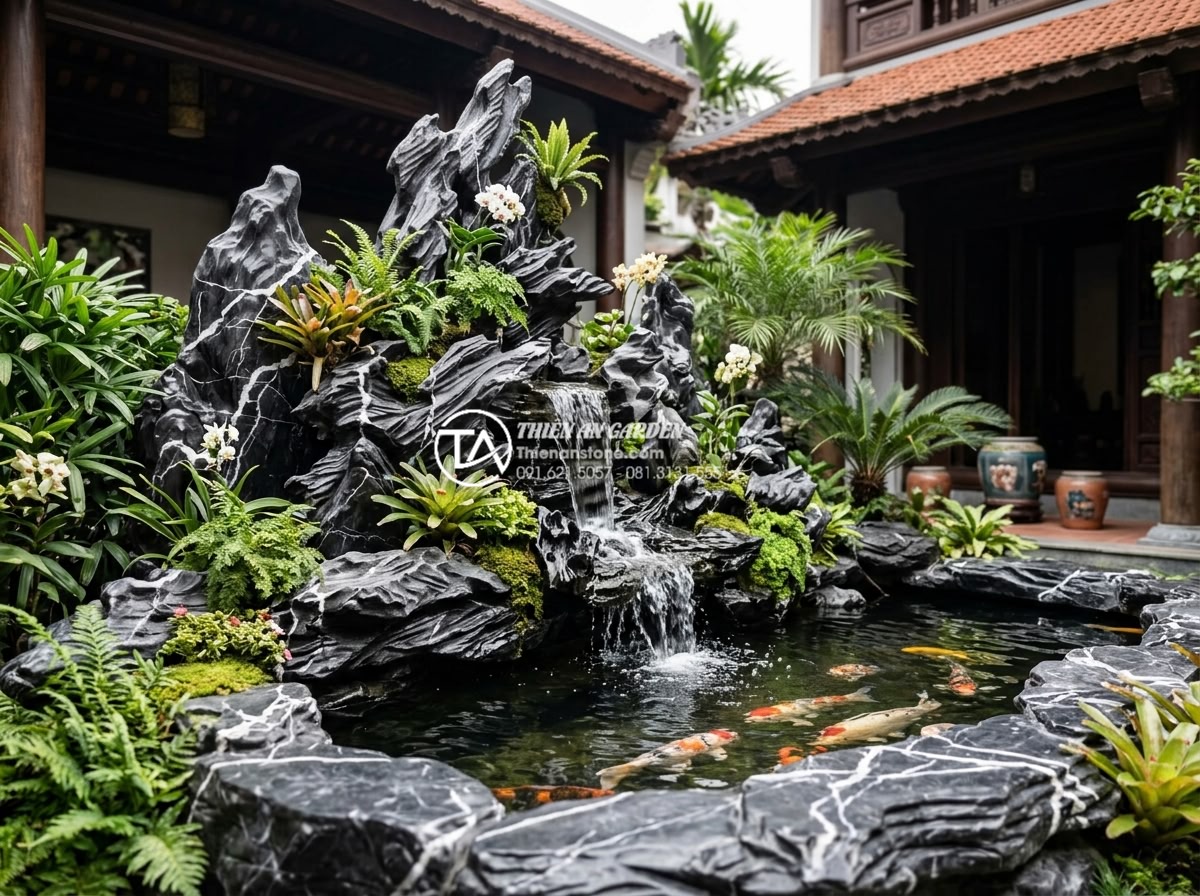Thiết kế tiểu cảnh giếng trời có hồ cá Koi: Đẳng cấp và thư giãn - Hình 5 Thiết kế tiểu cảnh giếng trời có hồ cá Koi: Đẳng cấp và thư giãn - Artistic natural stone rockery with cascading waterfall into Koi pond, intricate