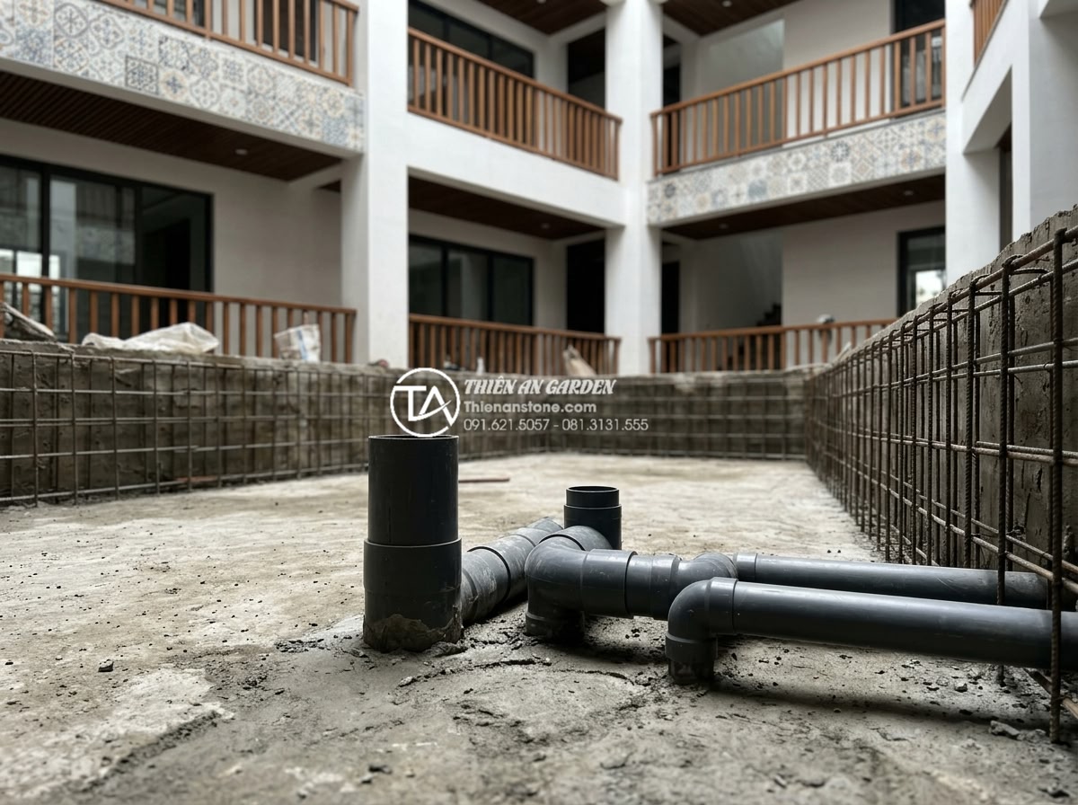 Thiết kế tiểu cảnh giếng trời có hồ cá Koi: Đẳng cấp và thư giãn - Hình 7 Thiết kế tiểu cảnh giếng trời có hồ cá Koi: Đẳng cấp và thư giãn - Professional construction process of luxury Koi pond in skywell with natural sto