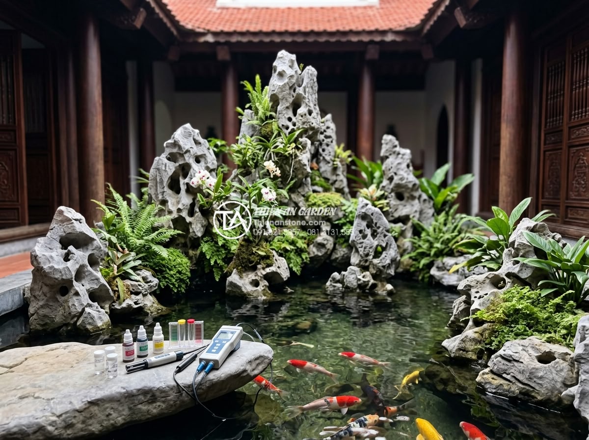 Thiết kế tiểu cảnh giếng trời có hồ cá Koi: Đẳng cấp và thư giãn - Hình 8 Thiết kế tiểu cảnh giếng trời có hồ cá Koi: Đẳng cấp và thư giãn - Serene maintenance scene of Koi pond in elegant skywell with technician checking