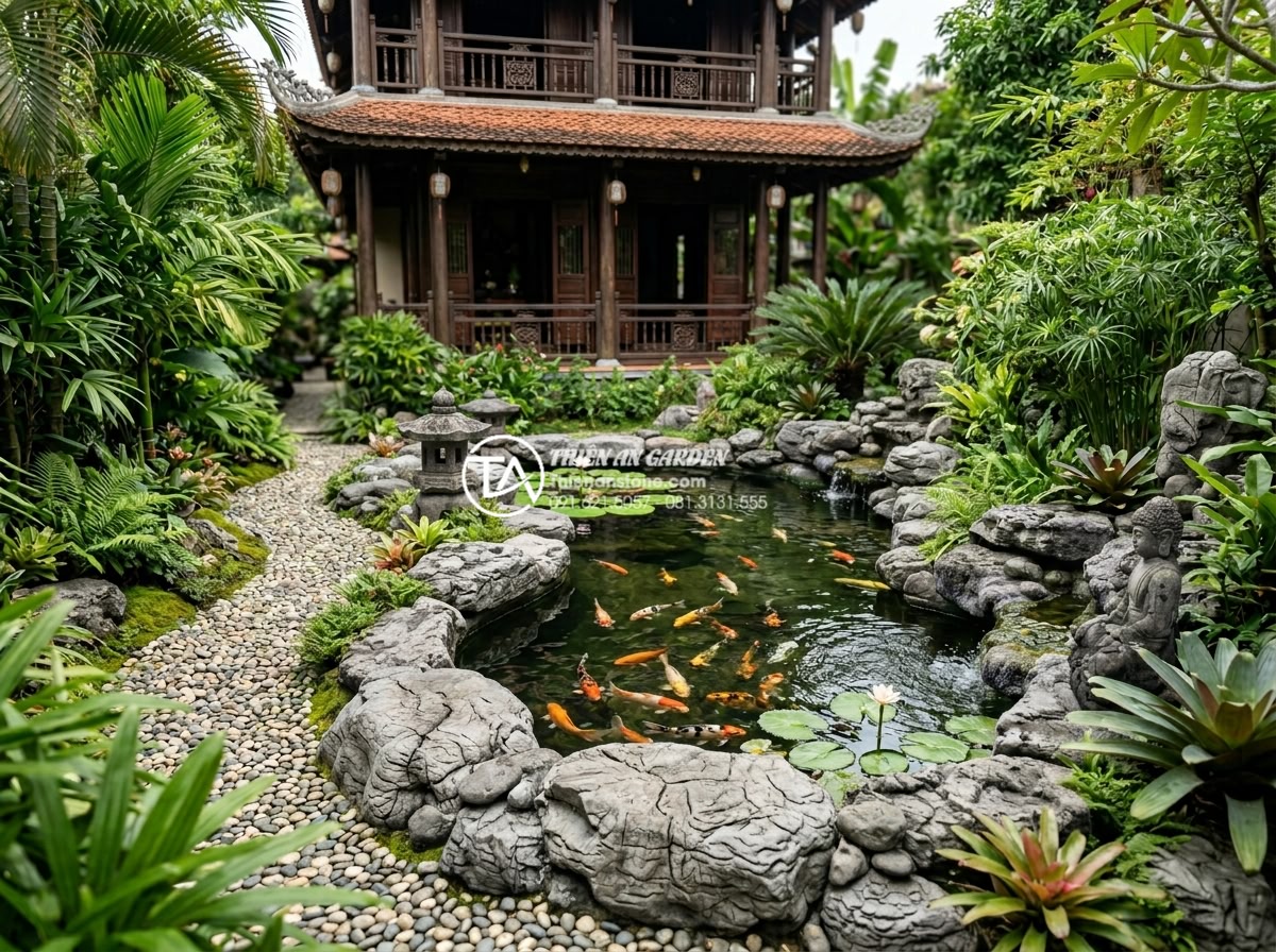 Thiết kế tiểu cảnh sân sau nhà cấp 4 tiết kiệm chi phí mà vẫn tinh tế - Beautiful small koi pond integrated into backyard landscape design for 4-level V
