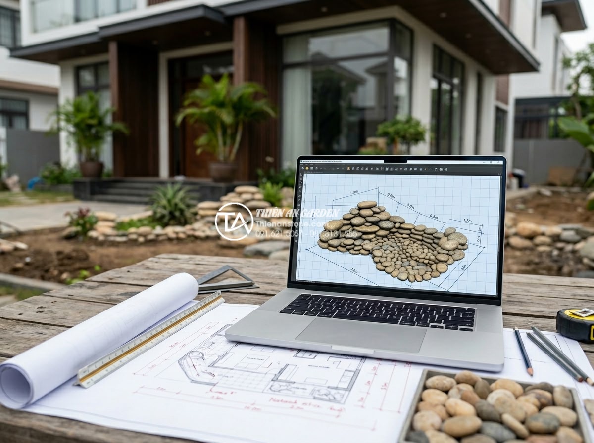 Thiết kế tiểu cảnh trước nhà: 10 nguyên tắc vàng kiến tạo không gian sống - Detailed wide-angle photograph of a professional landscape architect using 3D so