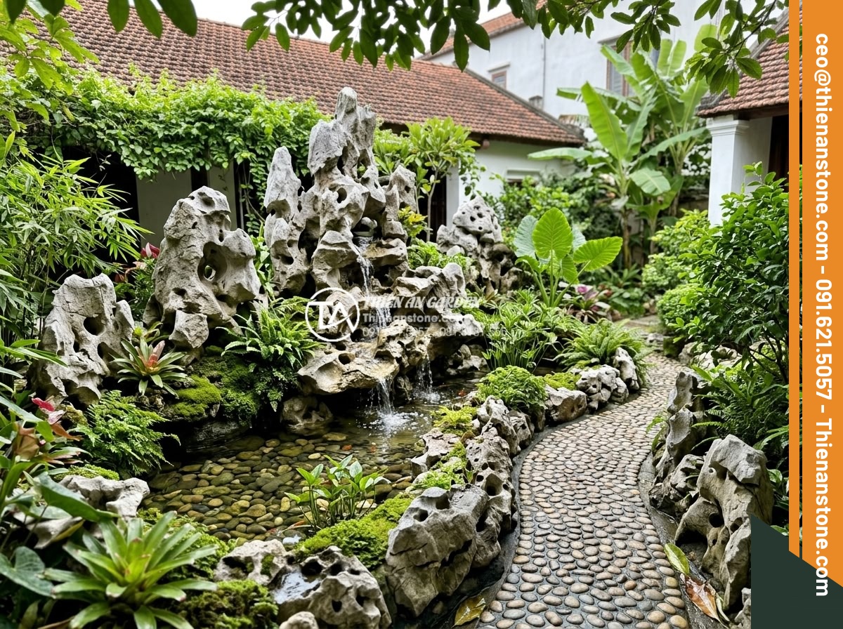 Thiết kế tiểu cảnh trước nhà: 10 nguyên tắc vàng kiến tạo không gian sống - Harmonious blend of flowing water feature over carved stones, vibrant green foli