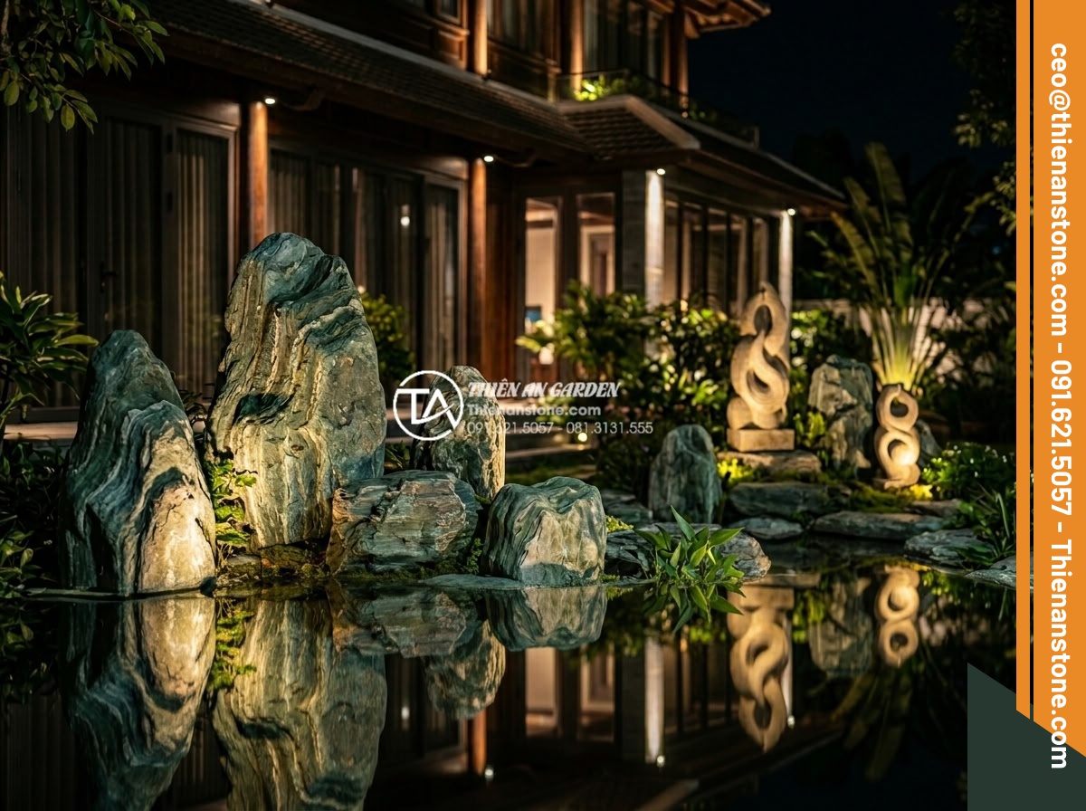 Thiết kế tiểu cảnh trước nhà: 10 nguyên tắc vàng kiến tạo không gian sống - Magical nighttime view of an illuminated front yard rock garden with warm LED li