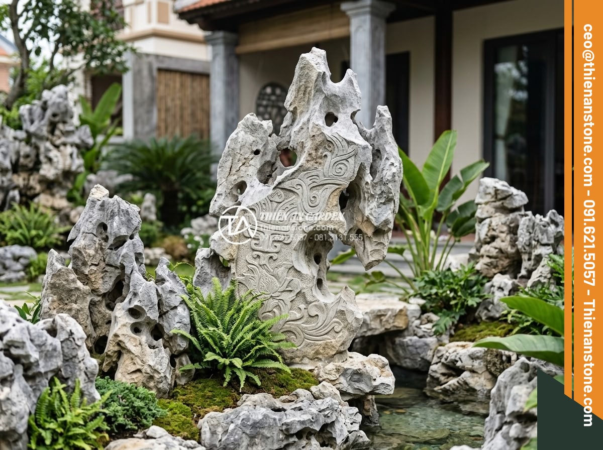 Thiết kế tiểu cảnh trước nhà: 10 nguyên tắc vàng kiến tạo không gian sống - Exquisite hand-carved natural stone sculptures and art pieces integrated into a 