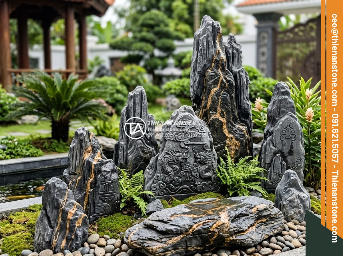 Thiết kế tiểu cảnh trước nhà: 10 nguyên tắc vàng kiến tạo không gian sống - Detailed view of custom stone carvings and decorative art stones placed artistic