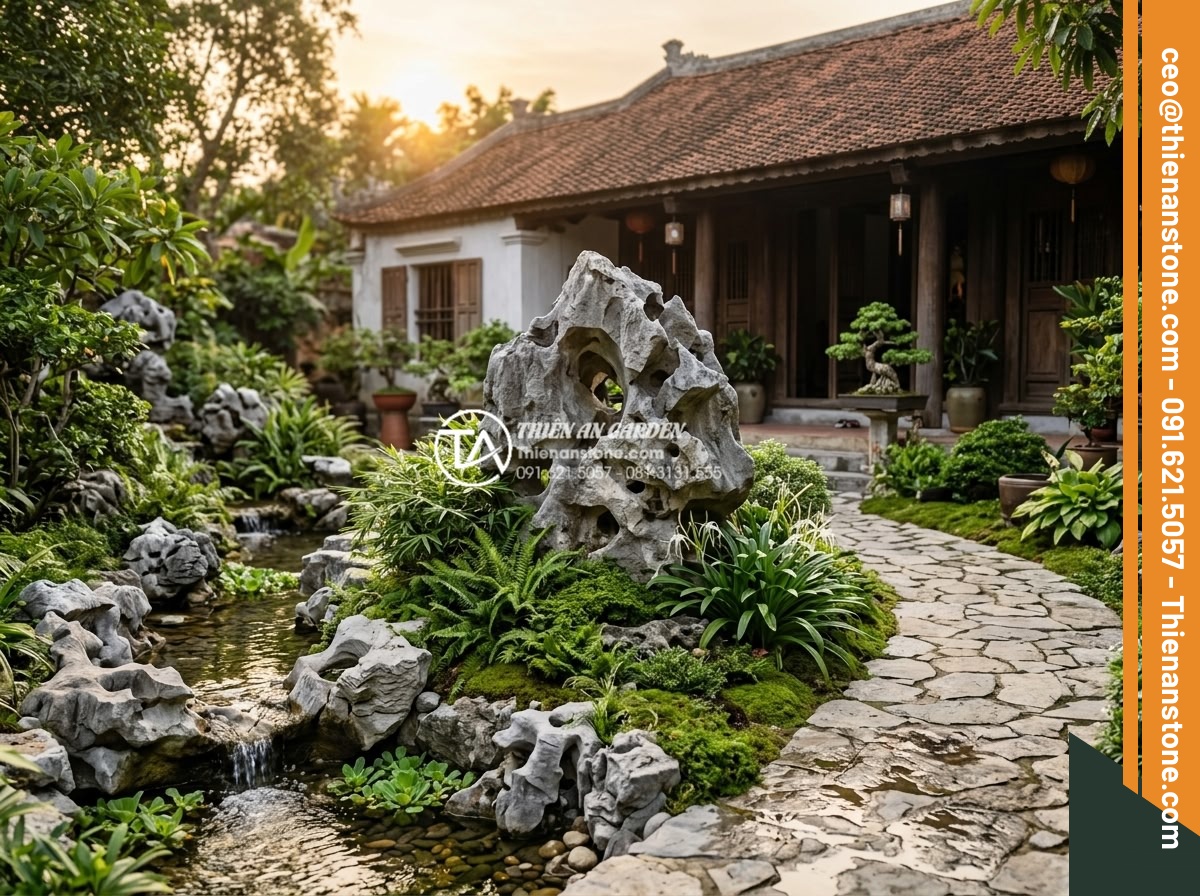 Thiết kế tiểu cảnh trước nhà: 10 nguyên tắc vàng kiến tạo không gian sống - Serene front yard feng shui landscape featuring balanced natural stone arrangeme