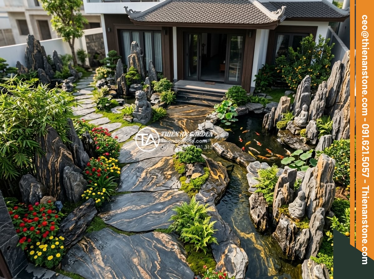 Thiết kế tiểu cảnh trước nhà: 10 nguyên tắc vàng kiến tạo không gian sống - Artistic overhead view of a feng shui-inspired front garden with natural stone e