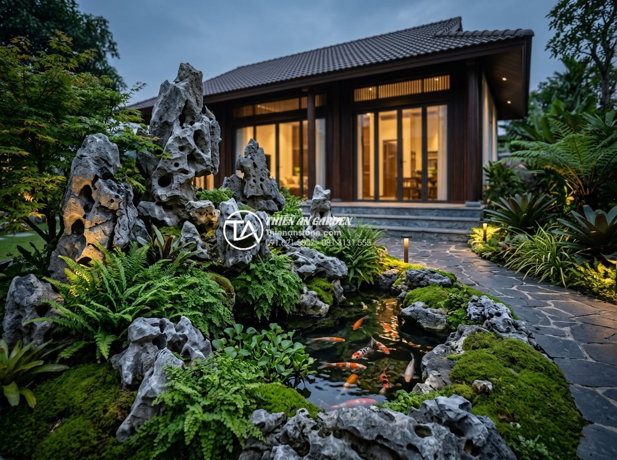 Tiểu cảnh nhỏ trước nhà: Tổng hợp ý tưởng trang trí góc sân nhỏ ấn tượng - Elegant small front yard natural stone landscaping in front of modern Vietnamese
