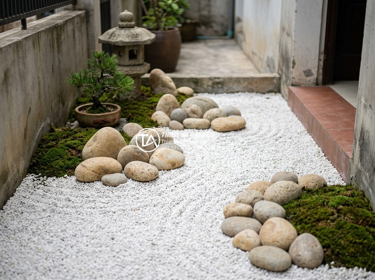 Tiểu cảnh nhỏ trước nhà: Tổng hợp ý tưởng trang trí góc sân nhỏ ấn tượng - Authentic Japanese dry zen garden small front yard with raked white gravel, care