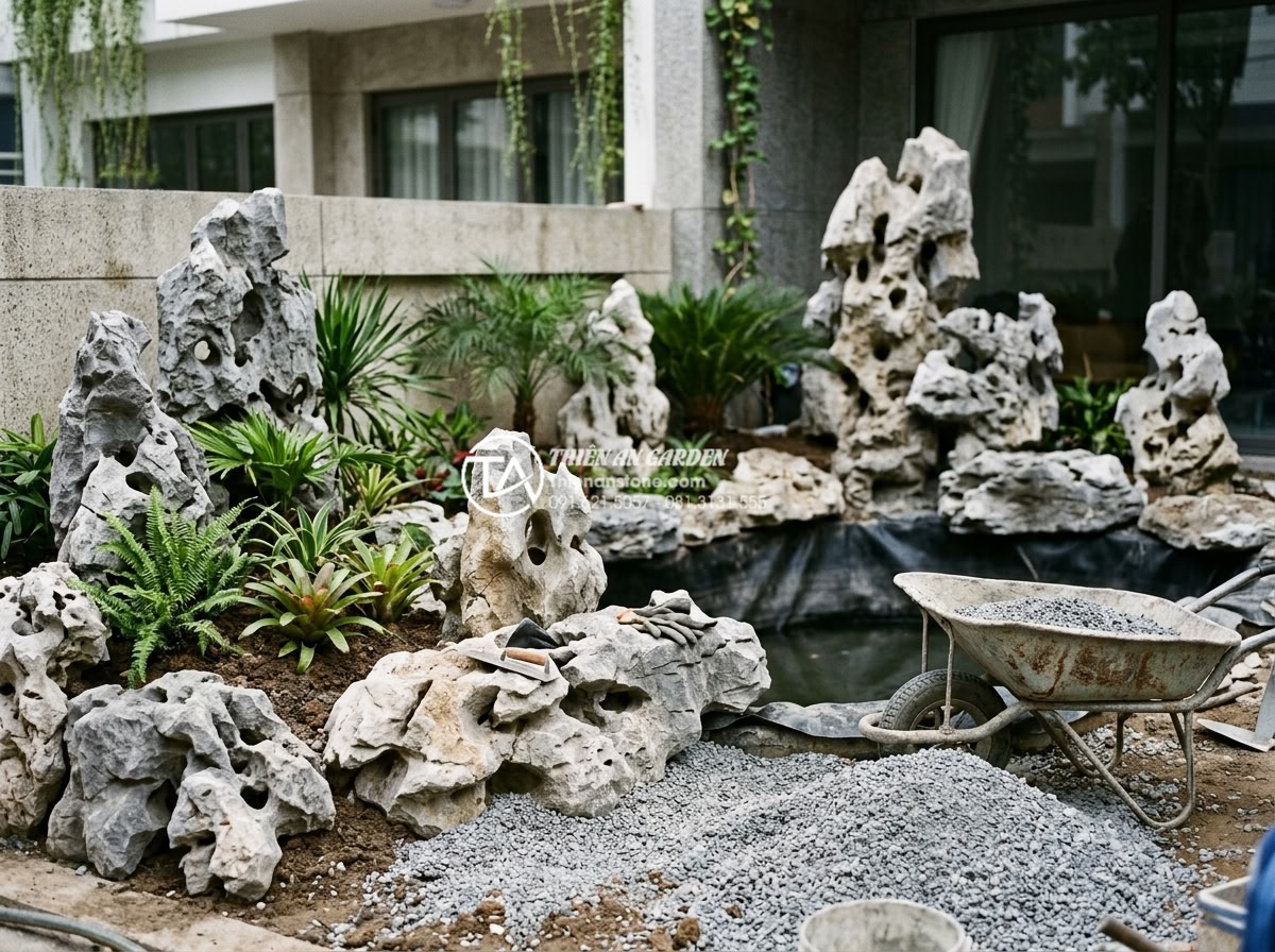 Tiểu cảnh nhỏ trước nhà: Tổng hợp ý tưởng trang trí góc sân nhỏ ấn tượng - Professional construction process of small front yard natural stone landscaping,