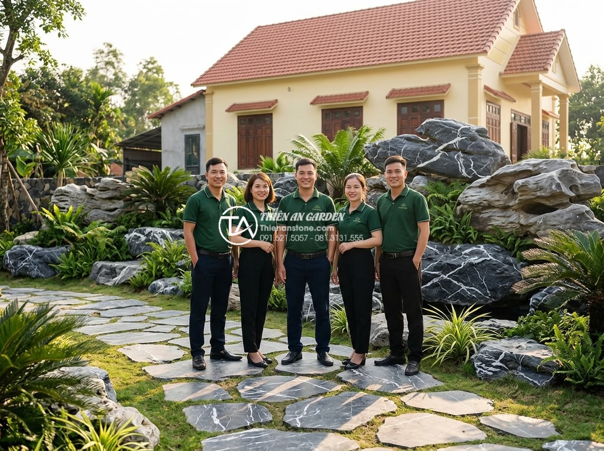 Tiểu cảnh sân trước nhà cấp 4: Cách biến tấu đơn giản mà đẳng cấp - Hình 10 Tiểu cảnh sân trước nhà cấp 4: Cách biến tấu đơn giản mà đẳng cấp - Professional team photo of Da Canh Thien An experts standing proudly in front of