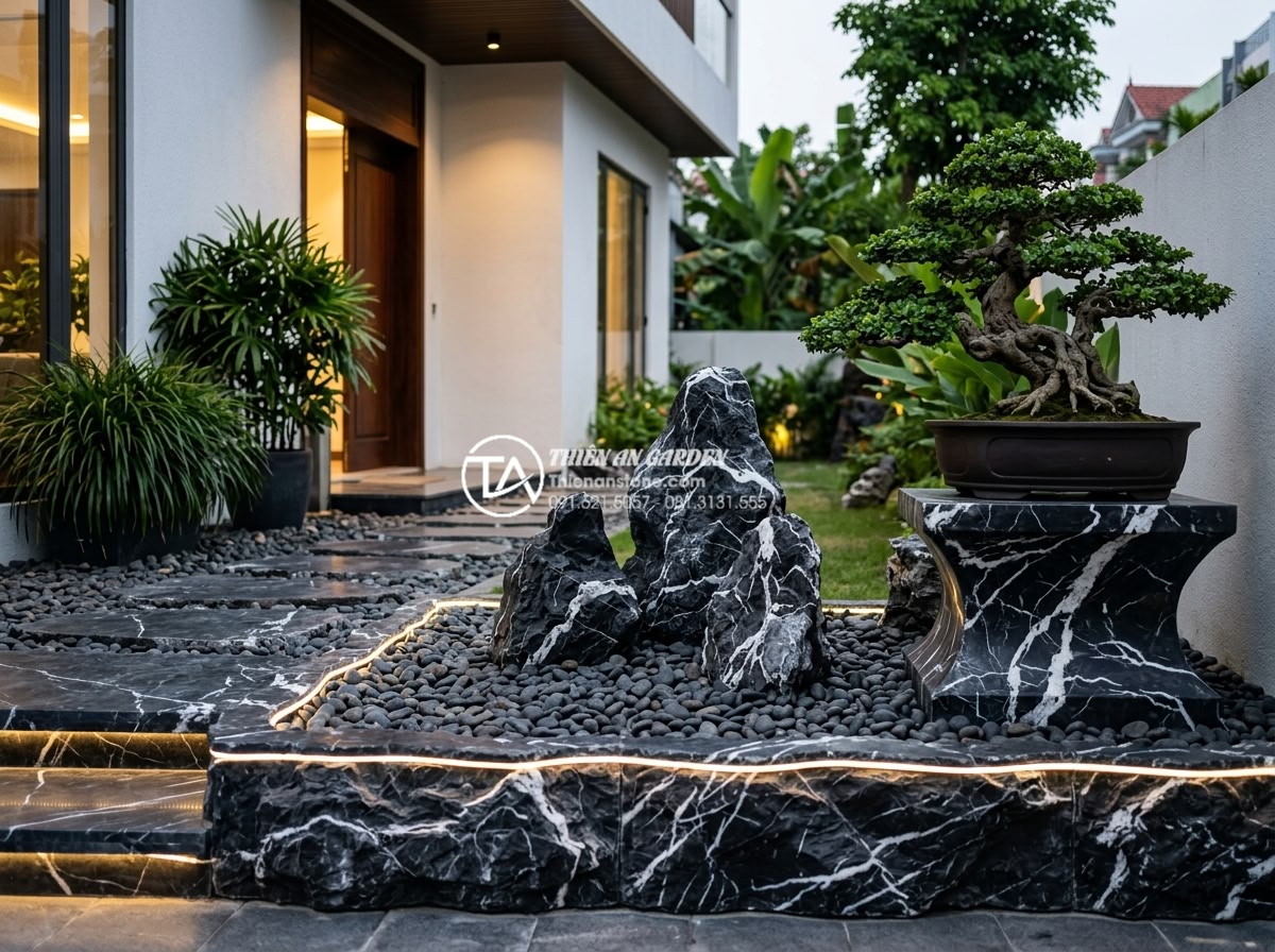 Tiểu cảnh sân trước nhà cấp 4: Cách biến tấu đơn giản mà đẳng cấp - Hình 3 Tiểu cảnh sân trước nhà cấp 4: Cách biến tấu đơn giản mà đẳng cấp - Detailed view of minimalist front yard landscape design for level 4 house in Vie