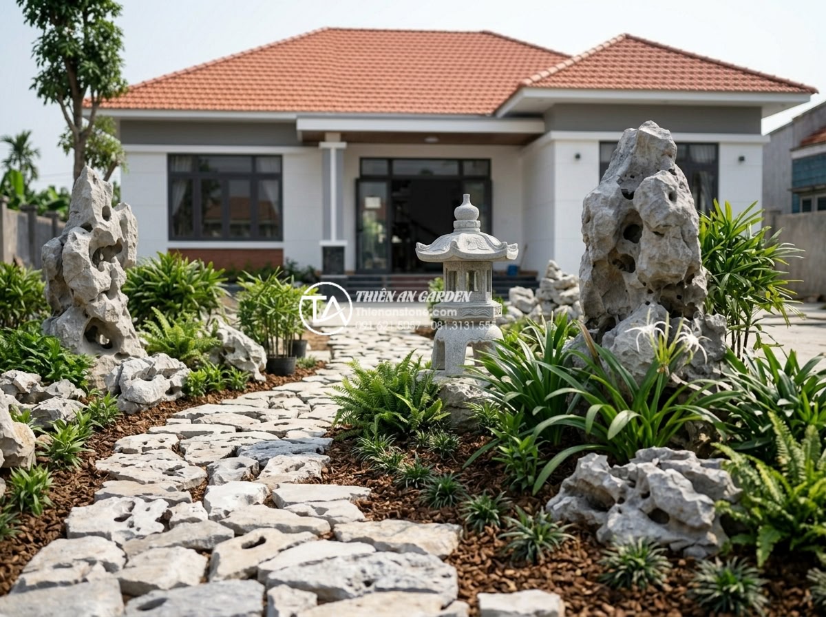 Tiểu cảnh sân trước nhà cấp 4: Cách biến tấu đơn giản mà đẳng cấp - Hình 6 Tiểu cảnh sân trước nhà cấp 4: Cách biến tấu đơn giản mà đẳng cấp - Step-by-step professional construction process of front yard stone landscape for