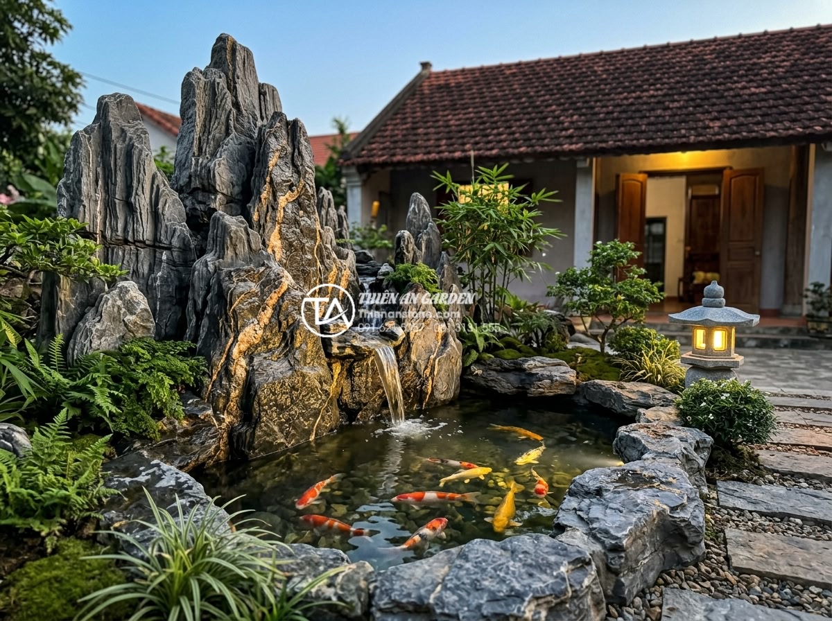 Tiểu cảnh sân trước nhà cấp 4: Cách biến tấu đơn giản mà đẳng cấp - Hình 7 Tiểu cảnh sân trước nhà cấp 4: Cách biến tấu đơn giản mà đẳng cấp - Elegant combination of small koi pond and stone non-bo in front yard of Vietname