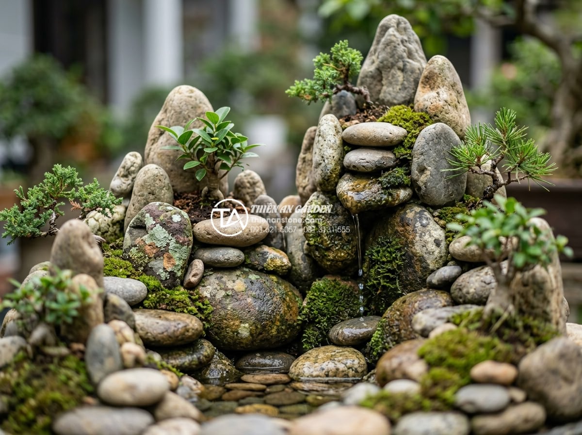 Tiểu cảnh sân trước nhà ống: Giải pháp xanh tối ưu cho diện tích hẹp - Detailed realistic close-up of a miniature non bo (rockery) made from natural Vi