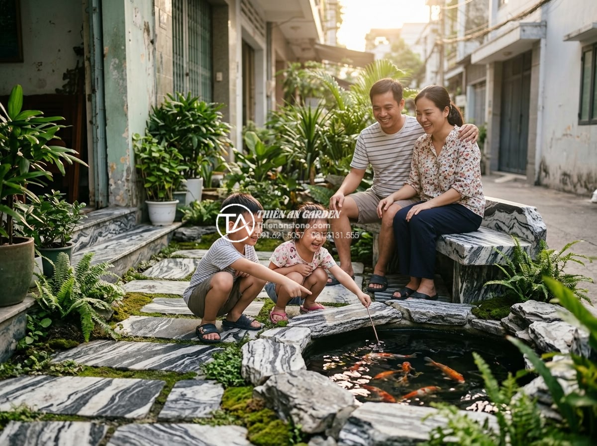 Tiểu cảnh sân trước nhà ống: Giải pháp xanh tối ưu cho diện tích hẹp - Realistic photo of a happy Vietnamese family enjoying their newly completed smal