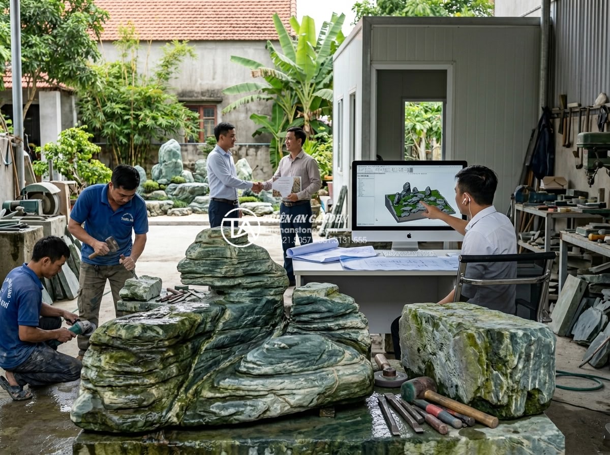 Tiểu cảnh sân trước nhà ống: Giải pháp xanh tối ưu cho diện tích hẹp - Professional corporate style realistic image of the Đá Cảnh Thiên An team: skill