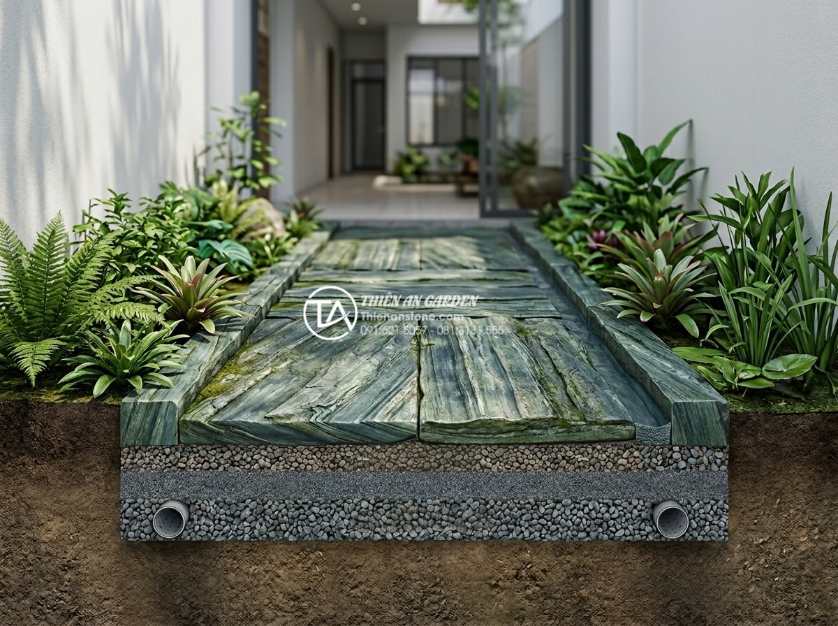 Tiểu cảnh sân trước nhà ống: Giải pháp xanh tối ưu cho diện tích hẹp - Technical realistic illustration of a narrow tube house front yard drainage syst