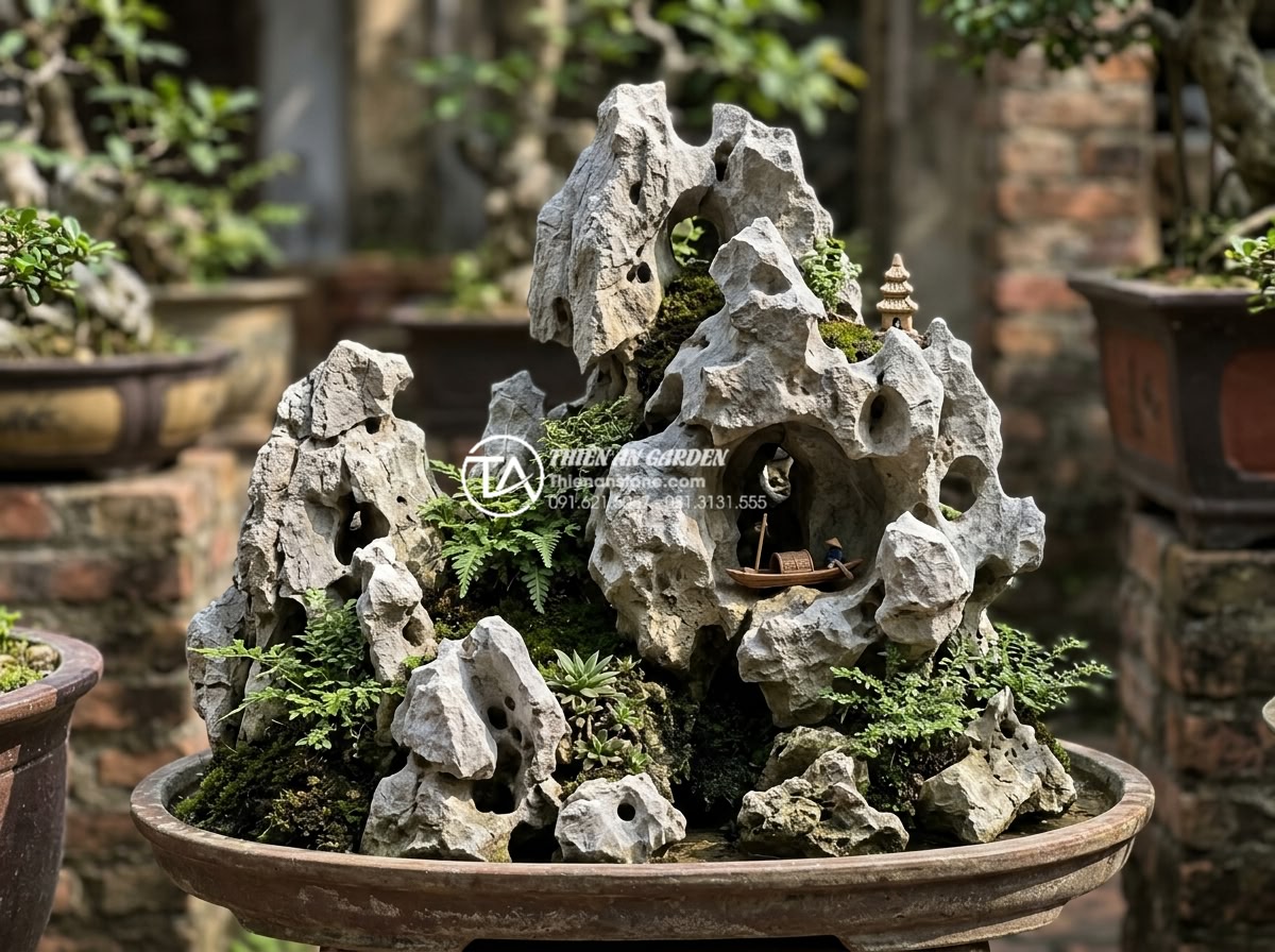 Tiểu cảnh sân trước nhà ống: Giải pháp xanh tối ưu cho diện tích hẹp - High detail photorealistic image showcasing various types of natural stones used