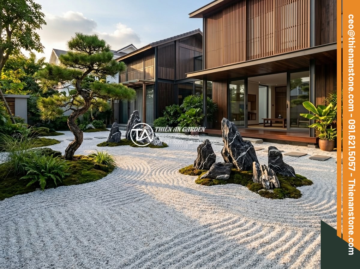 Tiểu cảnh sân trước phong cách Zen Nhật Bản: Sự kết hợp giữa đá và tĩnh lặng - Photorealistic wide-angle view of a Japanese Zen dry landscape garden installed