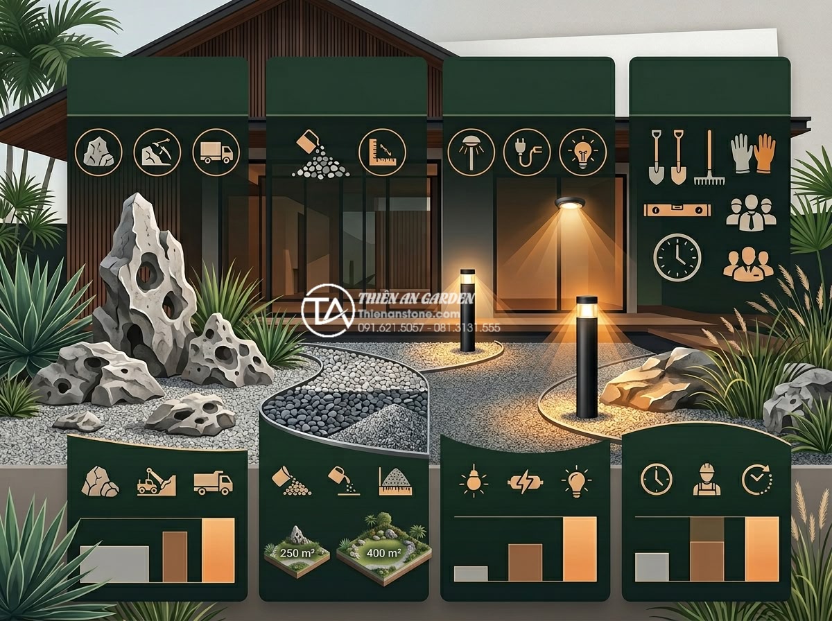 Tiểu cảnh trước nhà khô hiện đại: Vẻ đẹp tinh tế từ đá tự nhiên và sỏi cảnh - Professional cost breakdown infographic style image for modern dry landscape con