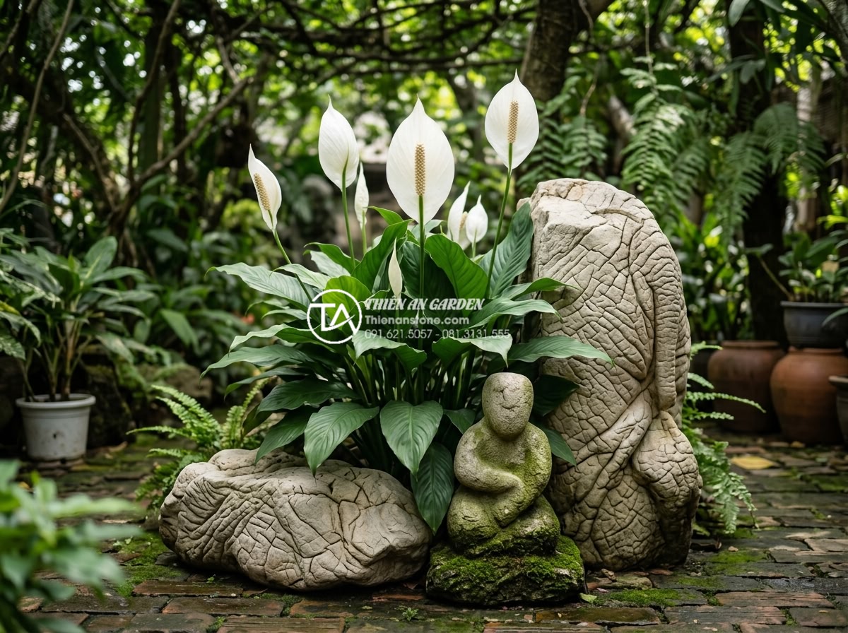 Top 10 loại cây chịu bóng râm cực tốt cho tiểu cảnh sân sau nhà phố - Detailed view of Lan Ý plant in full bloom enhancing the aesthetics of a shaded 