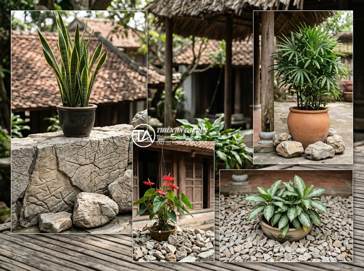 Top 10 loại cây chịu bóng râm cực tốt cho tiểu cảnh sân sau nhà phố - Collage of remaining top shade plants including Sansevieria, Rhapis palm, Anthur