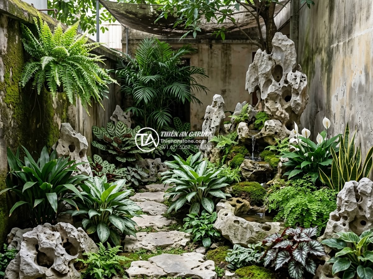 Top 10 loại cây chịu bóng râm cực tốt cho tiểu cảnh sân sau nhà phố - Complete top 10 shade tolerant plants arranged in a harmonious shaded townhouse 