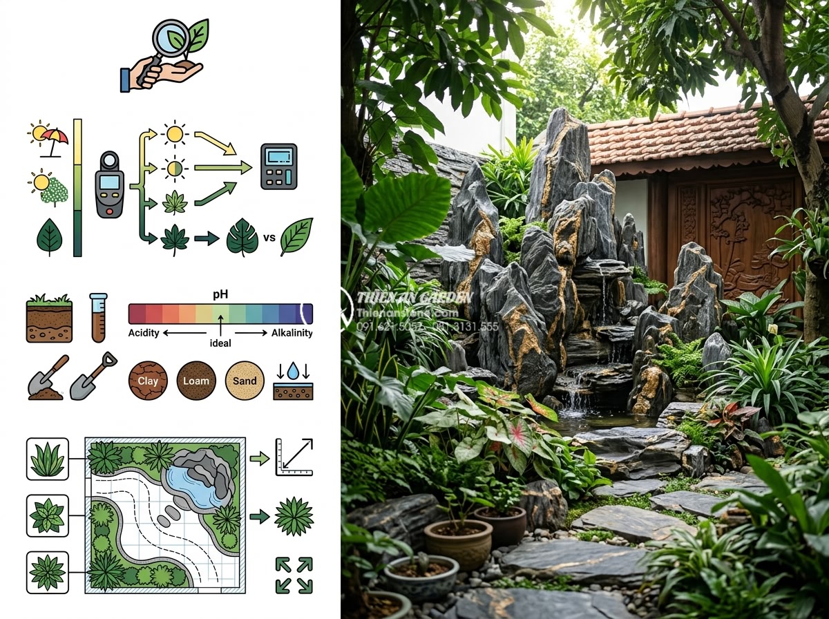 Top 10 loại cây chịu bóng râm cực tốt cho tiểu cảnh sân sau nhà phố - Detailed diagram and photo of selection criteria for shade plants including ligh