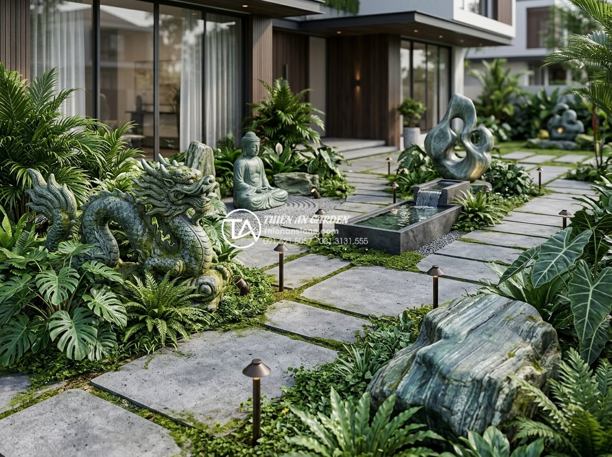 Top 10 mẫu tượng đá điêu khắc tạo điểm nhấn nghệ thuật cho sân trước - Professional 3D rendering style image showing optimal placement of multiple ston