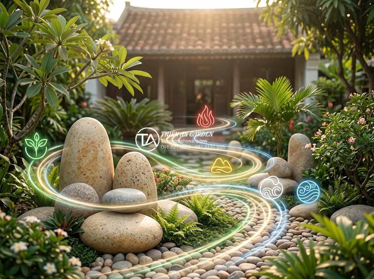 Top 10 mẫu tượng đá điêu khắc tạo điểm nhấn nghệ thuật cho sân trước - Artistic symbolic image illustrating feng shui energy flow around stone sculptur
