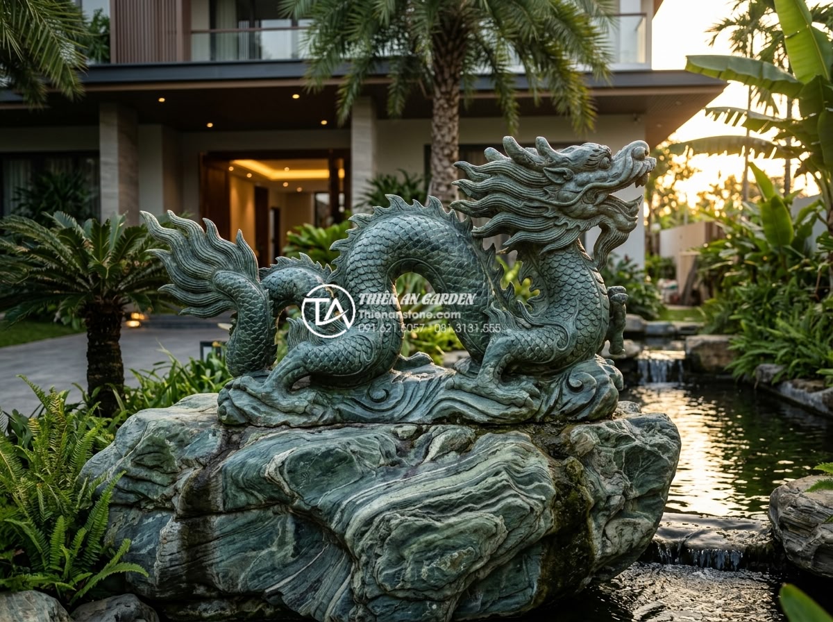 Top 10 mẫu tượng đá điêu khắc tạo điểm nhấn nghệ thuật cho sân trước - Photorealistic image of an elegant front garden featuring a large carved stone d