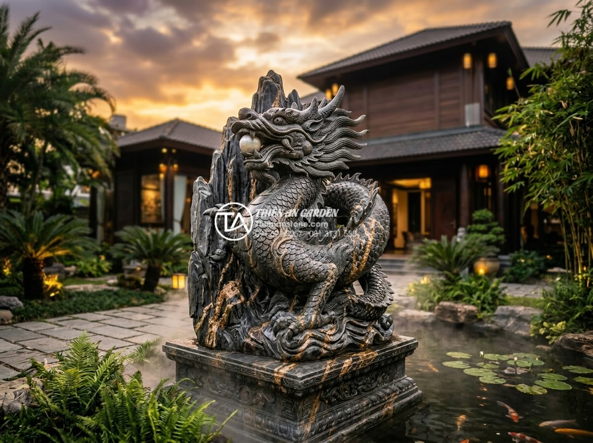 Top 10 mẫu tượng đá điêu khắc tạo điểm nhấn nghệ thuật cho sân trước - Dramatic realistic photo of a powerful coiled granite dragon statue with intrica