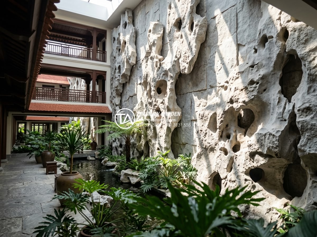 Top 5 loại đá tự nhiên ốp tường giếng trời bền đẹp và sang trọng nhất - Warm beige travertine stone tiles on atrium walls with natural holes and texture