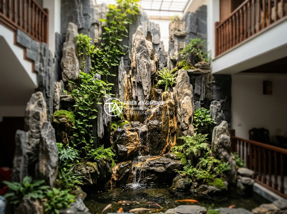 Top 5 loại đá tự nhiên ốp tường giếng trời bền đẹp và sang trọng nhất - Cozy travertine clad light well with integrated greenery and water flow for natu