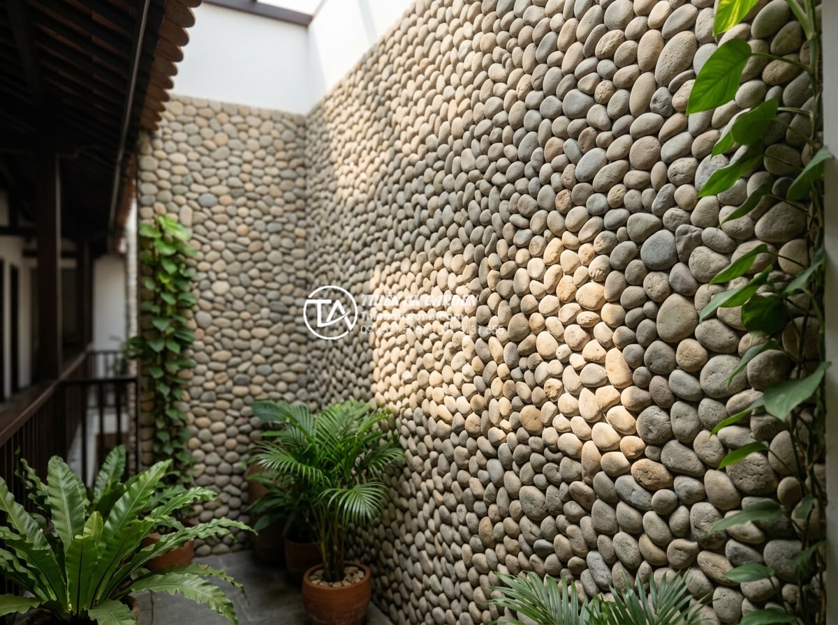 Top 5 loại đá tự nhiên ốp tường giếng trời bền đẹp và sang trọng nhất - Natural gray ong xam stone atrium cladding with sunlight and subtle plant accent