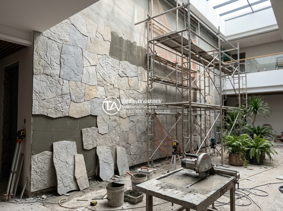 Top 5 loại đá tự nhiên ốp tường giếng trời bền đẹp và sang trọng nhất - Professional team installing natural stone tiles on atrium wall with scaffolding