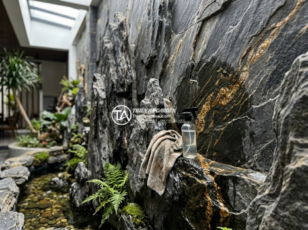 Top 5 loại đá tự nhiên ốp tường giếng trời bền đẹp và sang trọng nhất - Maintenance worker gently cleaning natural stone atrium wall with soft cloth and