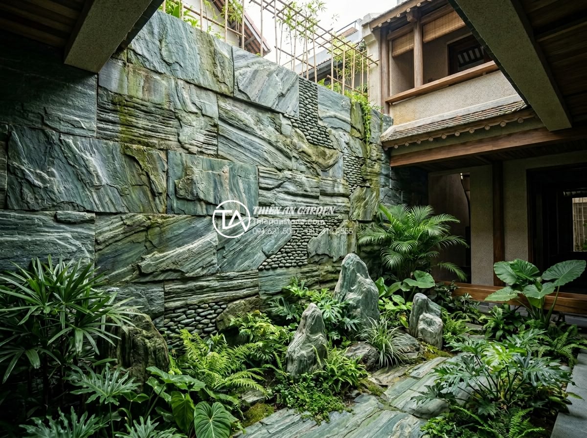 Top 5 loại đá tự nhiên ốp tường giếng trời bền đẹp và sang trọng nhất - Integrated natural stone wall with pebble stone decorations and mini garden in s