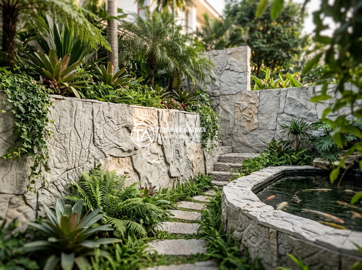 Top 5 loại đá tự nhiên ốp tường giếng trời bền đẹp và sang trọng nhất - Completed high-end stone cladding project by Đá Cảnh Thiên An showcasing beauty 