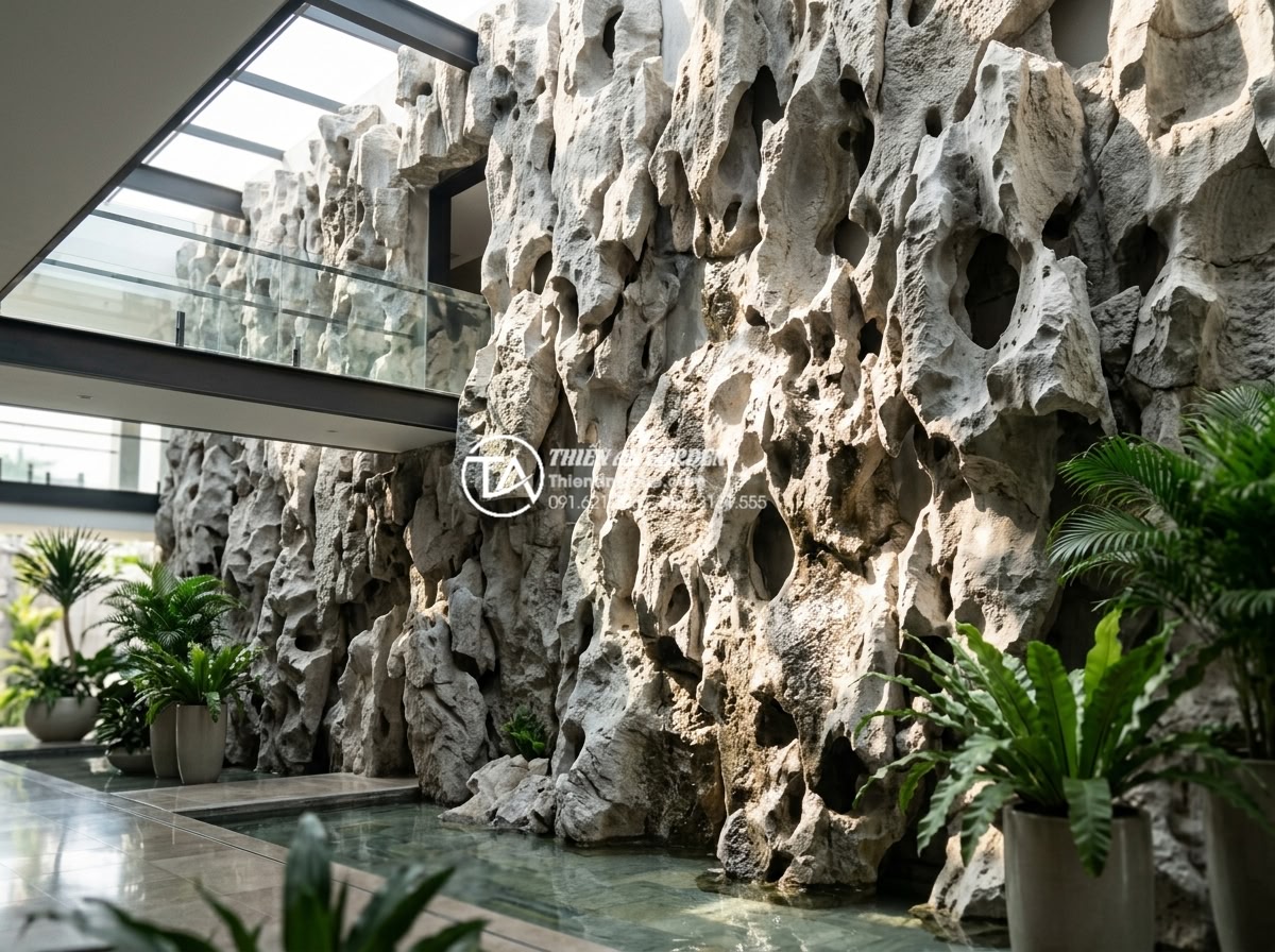 Top 5 loại đá tự nhiên ốp tường giếng trời bền đẹp và sang trọng nhất - High-end atrium wall covered in premium natural stone tiles reflecting sunlight 
